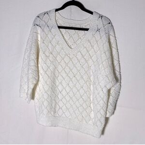 Vintage Oversized Ivory Diamond Knit V Neck Half Sleeve Sweater M